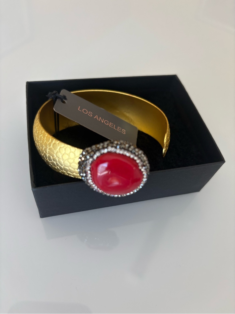 Gold Cuff Bracelet with Red Stone Accent